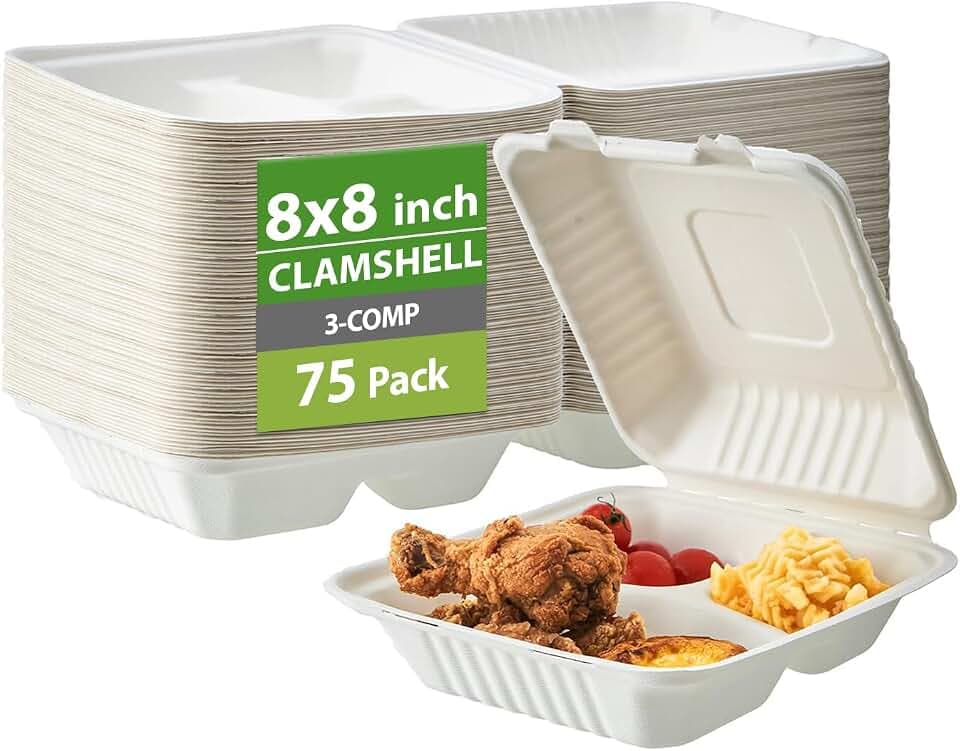Jaluxing [8X8 3-Compartment 75-Pack Bio Natural Clamshell Take Out Food Containers with Lids, Disposable Bagasse Togo Boxes, Eco-Friendly Biodegradable Made of Sugar Cane Fibers