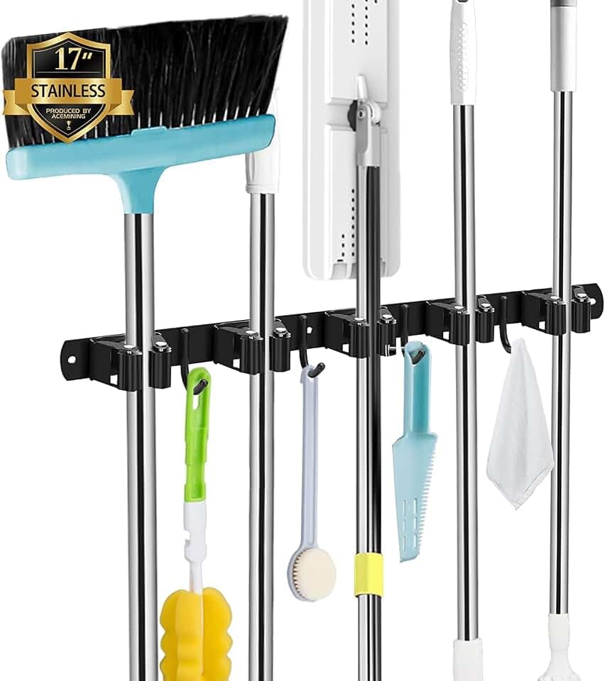 Black Broom Holder Wall Mount, 5 Racks 4 Hooks Mop and Broom Organizer