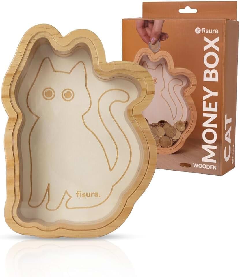 Fisura – Kinder-Spardose aus Holz in Katzenform. Originelle transparente Spardose für Münzen und Geldscheine. Holz und Acrylglas. Kreatives Geschenk für Kinder. 15 cm x 21 cm.