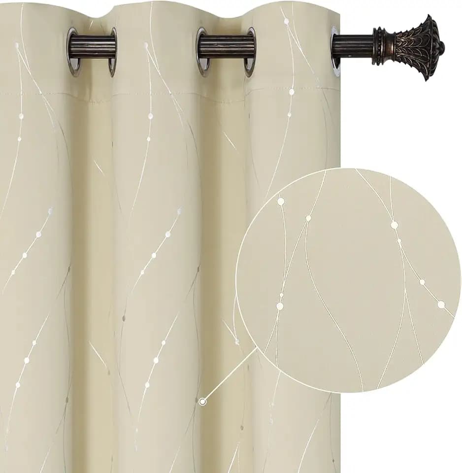 BUHUA Blackout Curtains Silver Foil Print Wave Lines and Dots Grommet Drapes, Room Darkening Thermal Insulated Curtains, Noise Reducing Curtain for Bedroom, Beige, 66Wx63L, 2 Panels