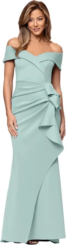 Xscape Women's Long Off-the-Shoulder Sweetheart Neckline Formal Evening Gown with Ruching and Draped Ruffle Detail, Sage, 16