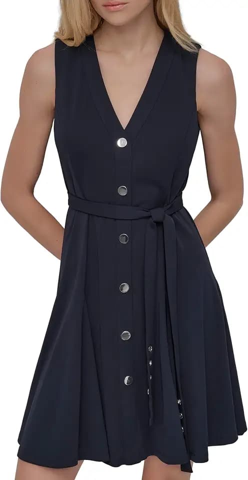 DKNY Women's Sleeveless V-Neck Belted Button Front Dress
