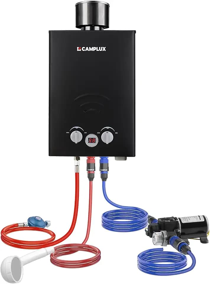 CAMPLUX 6 Liter Tankless Gasdurchlauferhitzer 50mbar, LPG Durchlauferhitzer mit 12V Wasserpumpe & Regenhaube, für Campingdusche/Wohnmobilausflug/Waschpferd, BW158BCP60-DE
