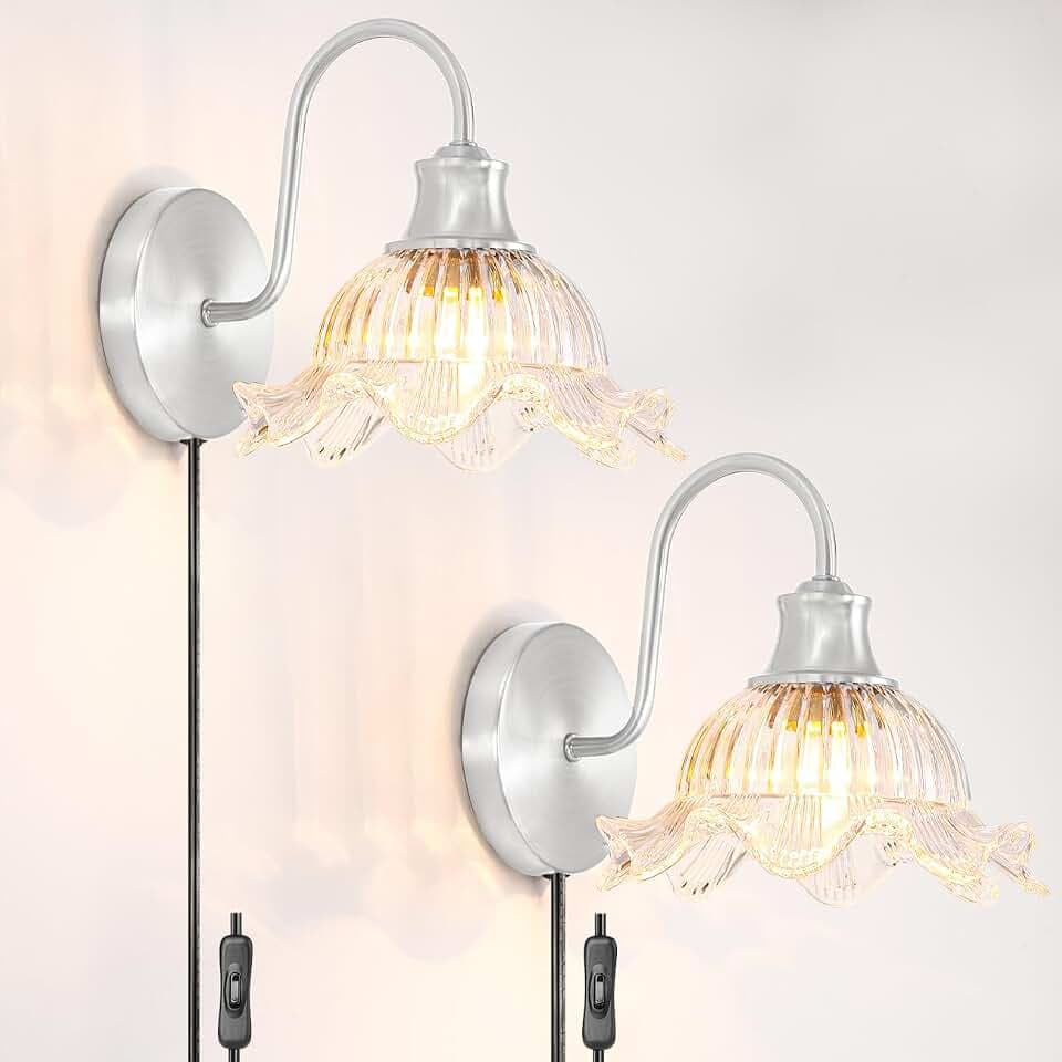 Vintage Plug in Wall Sconces Set of 2, Flower Plug in Wall Lights with Clear Glass, Brushed Nickel Corded Wall Sconce Light, Wall Mounted Lights for Living Room, Hallway, Bedroom