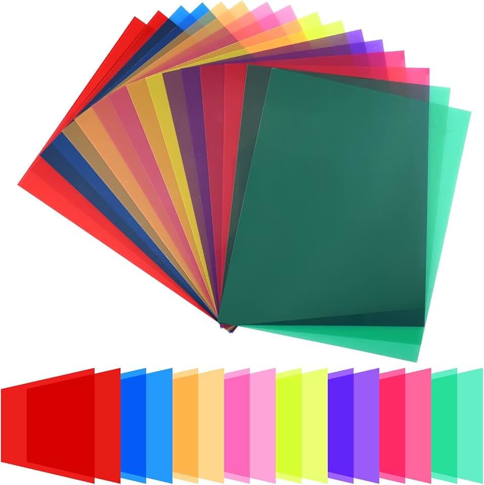 BokingOne 16 Pcs Color Correction Gel Filter for Lighting - Transparent Colored Overlays Lighting Gel Plastic Sheets for Photograph, Flash Light, Reading, 8.5 × 11 Inches, 8 Colors