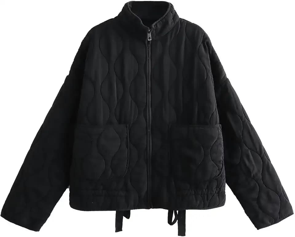 Neue Herbst- und Winter-Damenjacke zum Pendeln, lässig, Stehkragen, lose Taschen, Diamant-Baumwolljacke – Schwarz – S