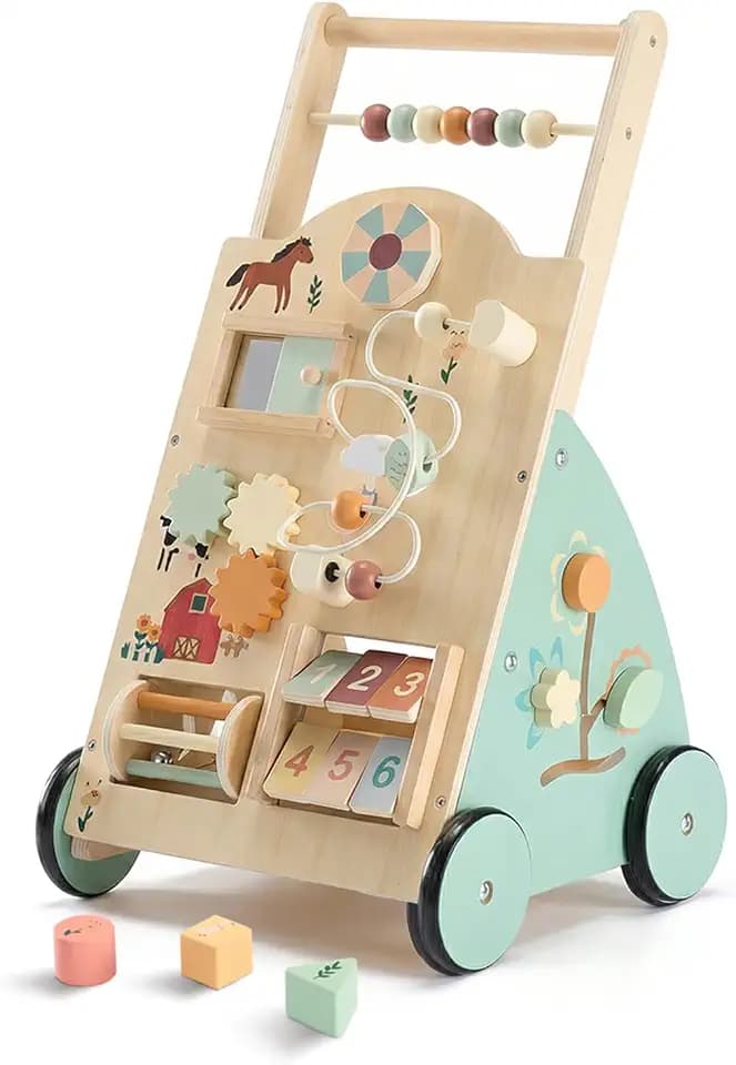 DUMOS Wooden Baby Push Walker, Montessori Toy, Adjustable Speed, 1+, Wood