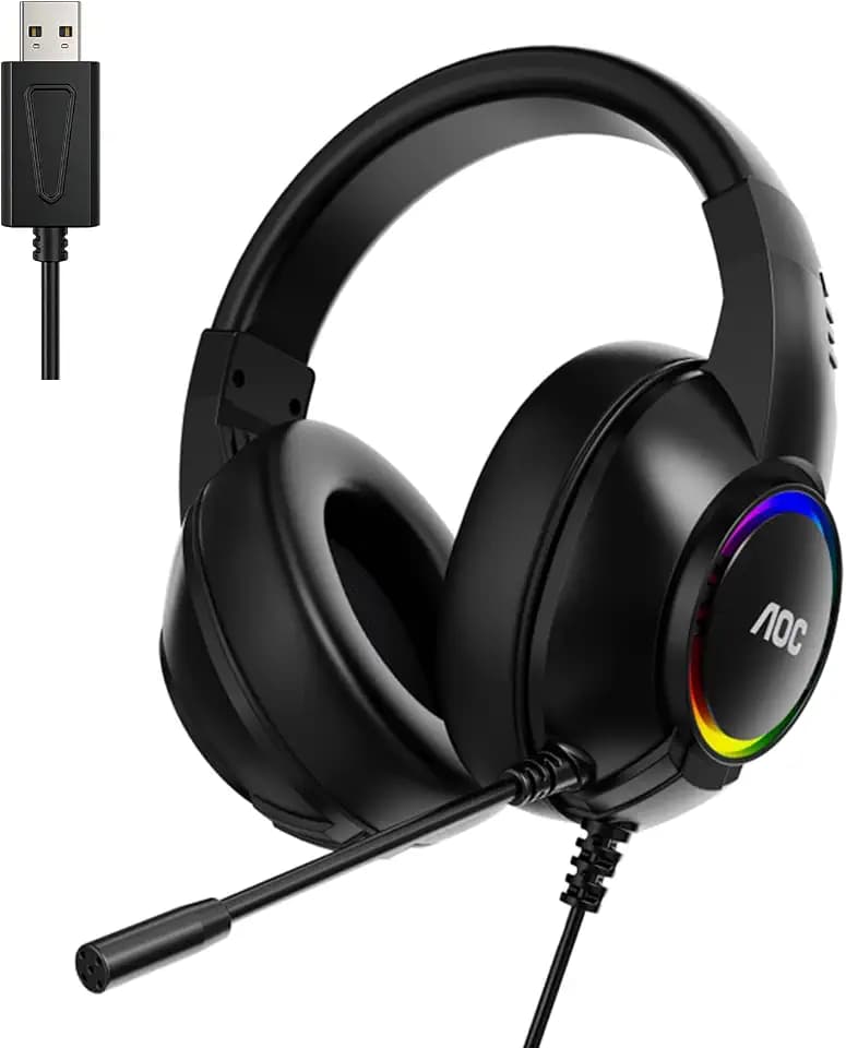 AOC Gaming Headset, Black Wired Gaming Headphones with 50mm Drivers, RGB USB Corded Headphone for PC/Laptops, Over Ear Headset with Mic for PS4/PS5/NS Switch(Docked Mode), ACG2510