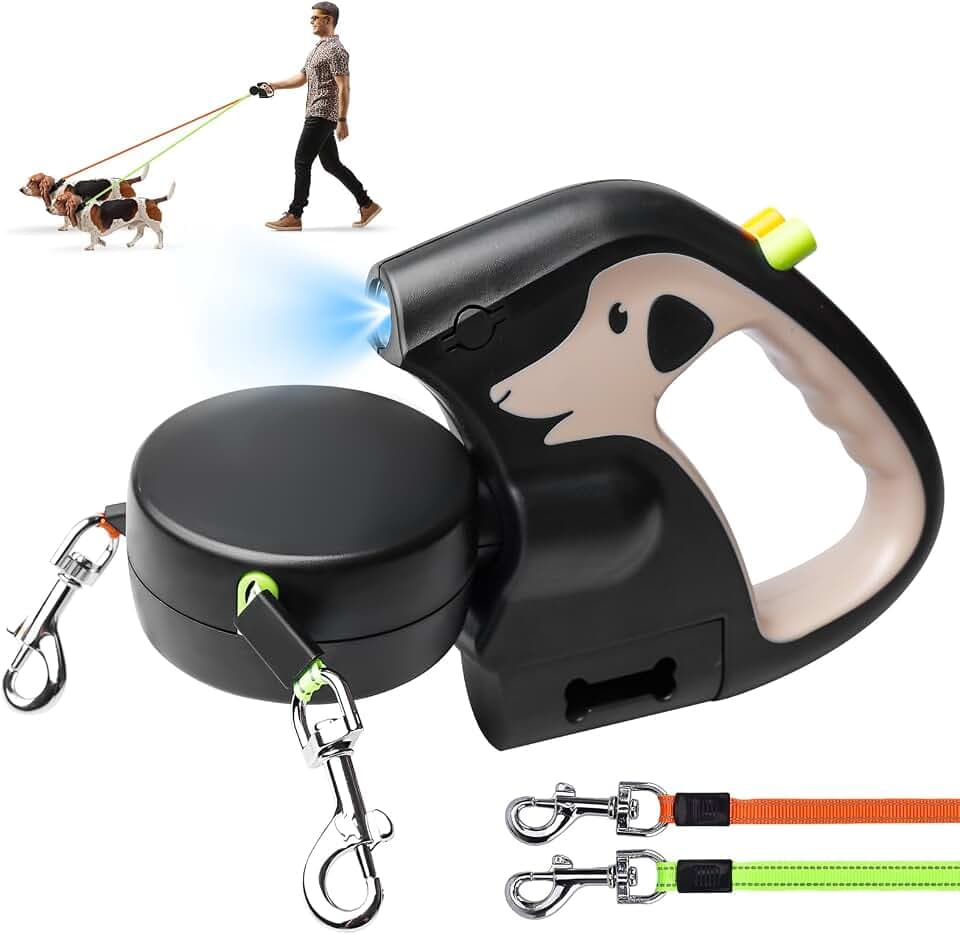 Doppelte einziehbare Hundeleine, Hundeleine mit Licht, 3 m, ausziehbare Leine mit komfortablem ergonomischem Griff, ausziehbare Leine für zwei Hunde, Braun