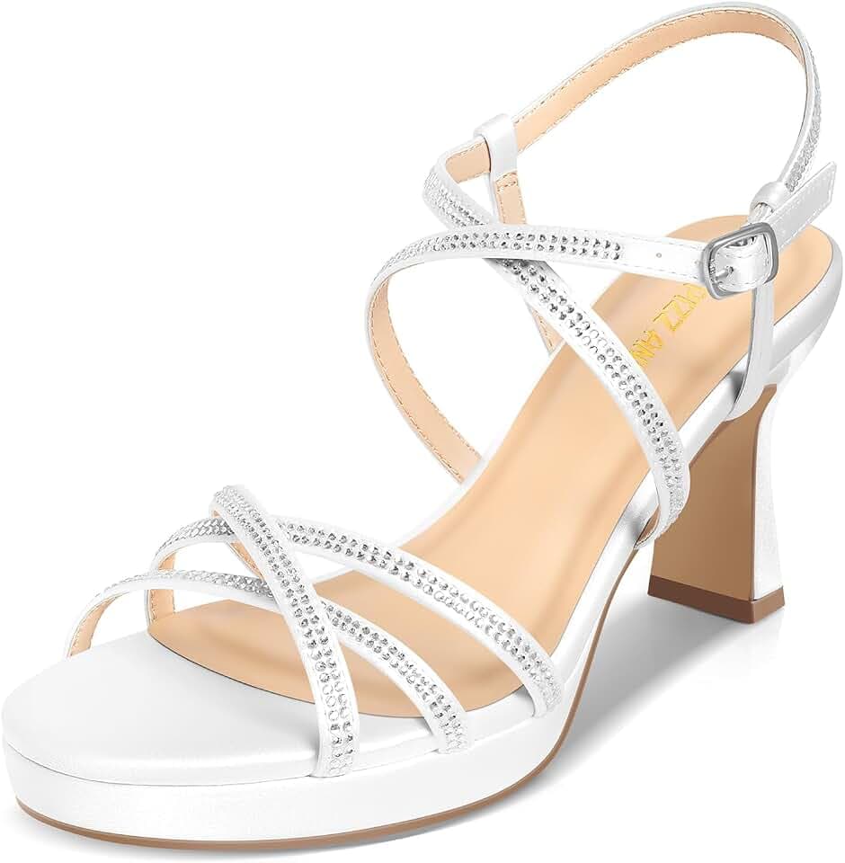 PIZZ ANNU Women's Stellora Platform High Heels Block Chunky Strappy Sparkly Rhinestone Open Toe Ankle Strap Dress Pump Sandals Shoes for Party Wedding