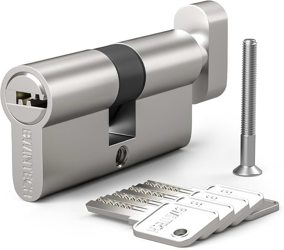 Bwintech 1 Stück 45T/45mm Euro Messingzylinder, 90mm Knauf/Schlüssel zylinderschloss mit 5 horizontalen Messingschlüsseln,Anti Picking,Anti Bohr,Anti Snap,Anti Bumping, Satin Nickel Finish
