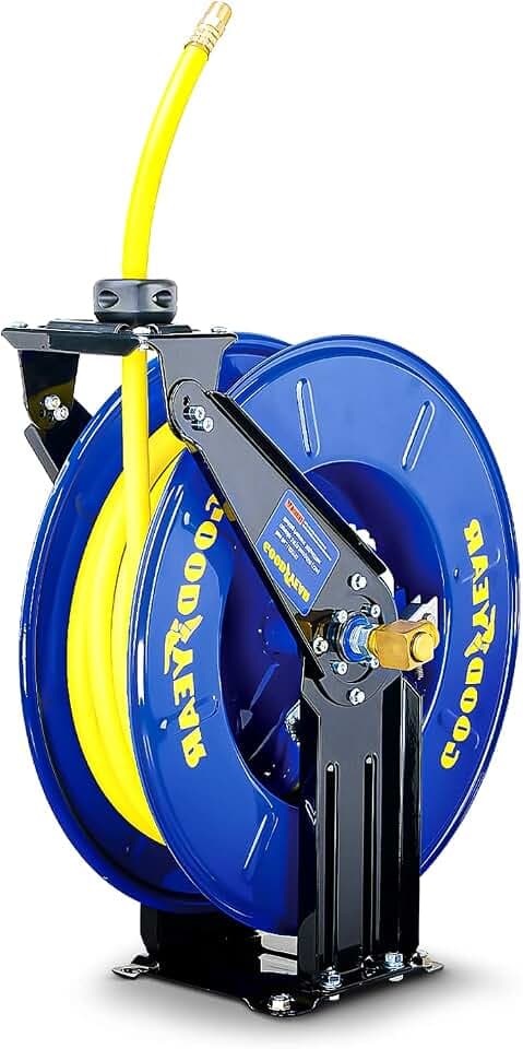 Goodyear Air Hose Reel Retractable 1/2" Inch x 50' Foot Long Premium Commercial Driven Sbr Hose Max 300 Psi Reinforced Steel Construction Heavy Duty Retractable Spring Industrial Dual Arm and Pedestal