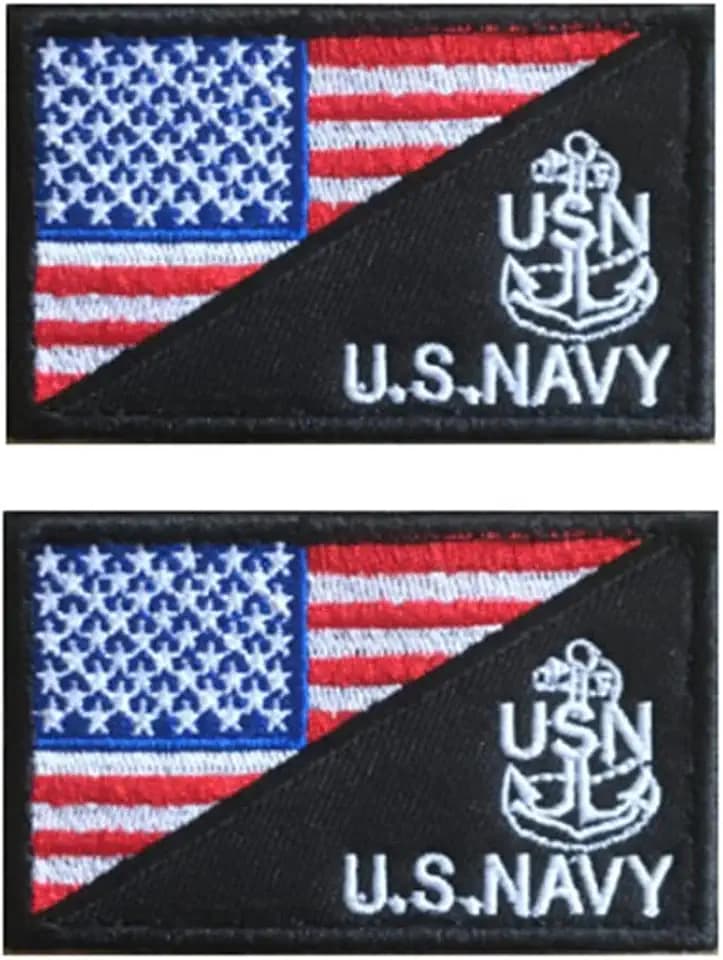 America Flag and Navy Anchor USA USN Patch Hook and Loop Morale Applique Fastener Embroidered Patch 2Pcs