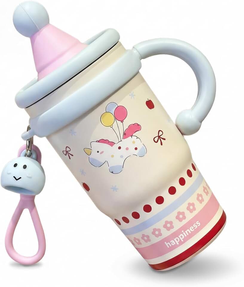 20oz Insulated Tumbler with Straw and Lid, Leakproof Coffee Travel Mug with Handle, Dual-Drink Design for Hot & Cold Drinks, Cute Water Bottle for Women with Free Charm (Unicorn Cloud)