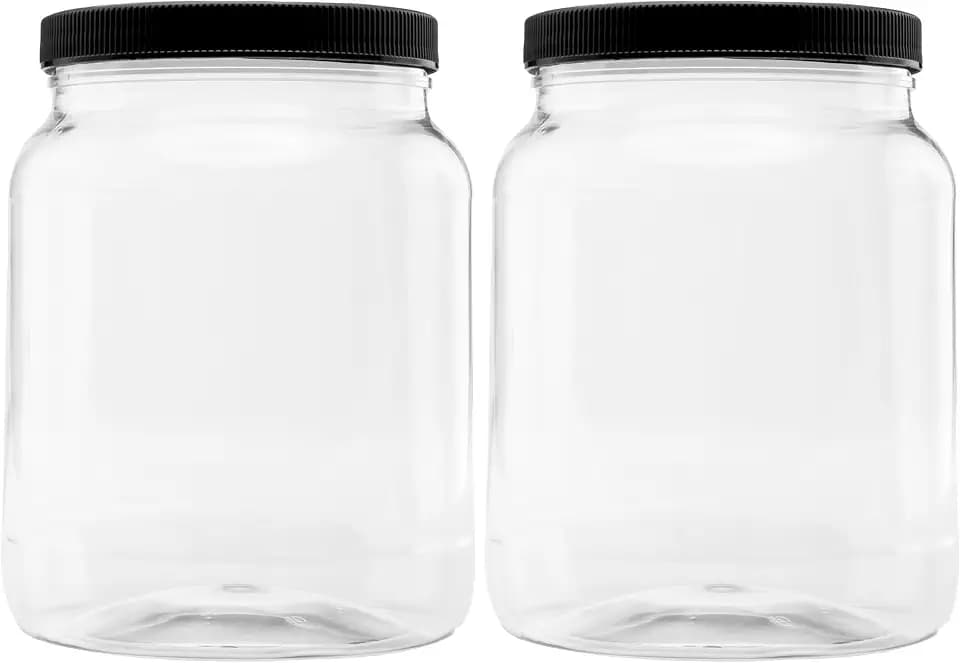 2 Pack - 64 oz (Half Gallon) Plastic Storage Jars with 110-400 Leak Proof Black Lid, Food Grade, BPA Free, Hand Wash Only (64oz, 2pk, BLK)