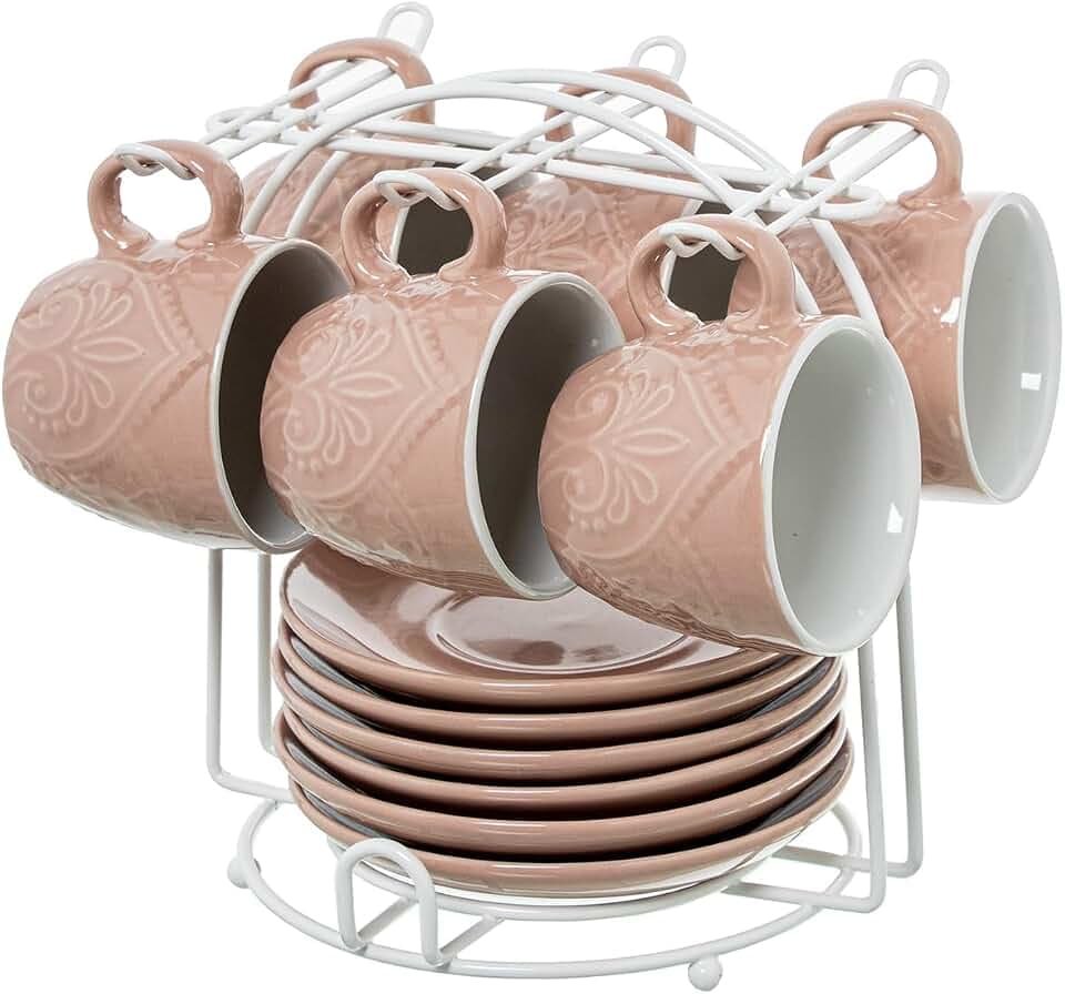 SET 6 TAZAS CAFE C/PLATO CERAM ICA COLOR ROSA C/SOPORTE METAL
