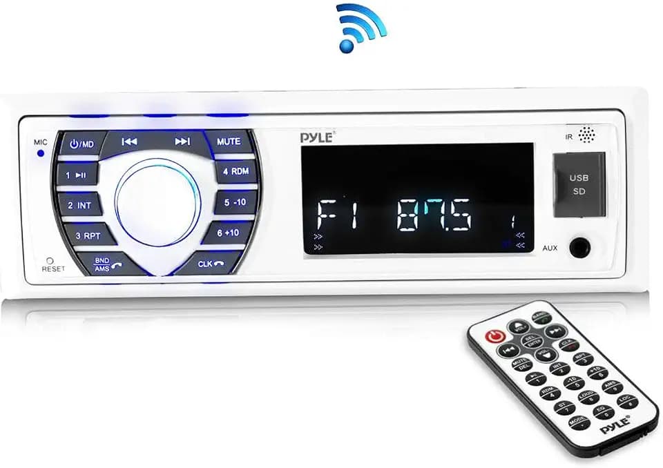 Pyle Bluetooth Marine Stereo Receiver - 300 Watt in-Dash Boat Radio with Digital LCD - 12V Single DIN - RCA in - MP3 - USB-A in - SD Card Slot - AM/FM Radio - Remote Control - Wiring Harness (White)