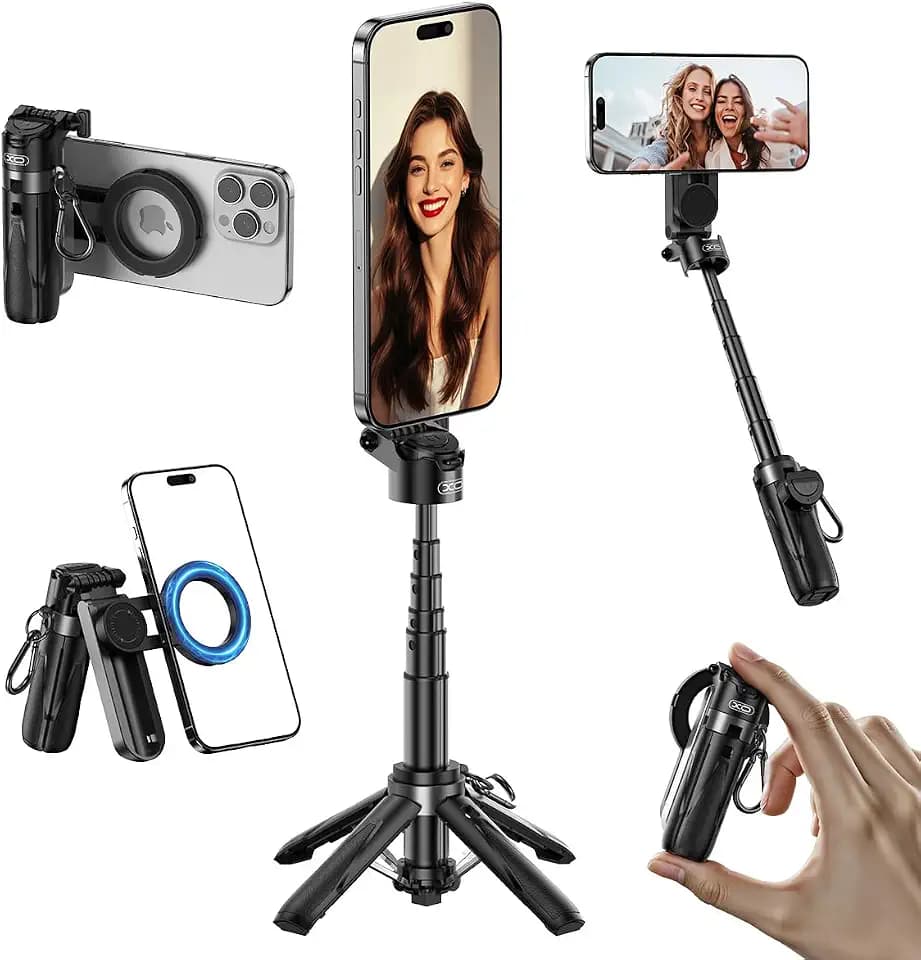 Multifunctional Mini Phone Tripod for Magsafe, Magnetic Chuck＆ Clip Pocket Size Magnetic Selfie Stick for iPhone with Remote, Extendable Cell Phone Small Tripod Magnet Stand for All Smartphones