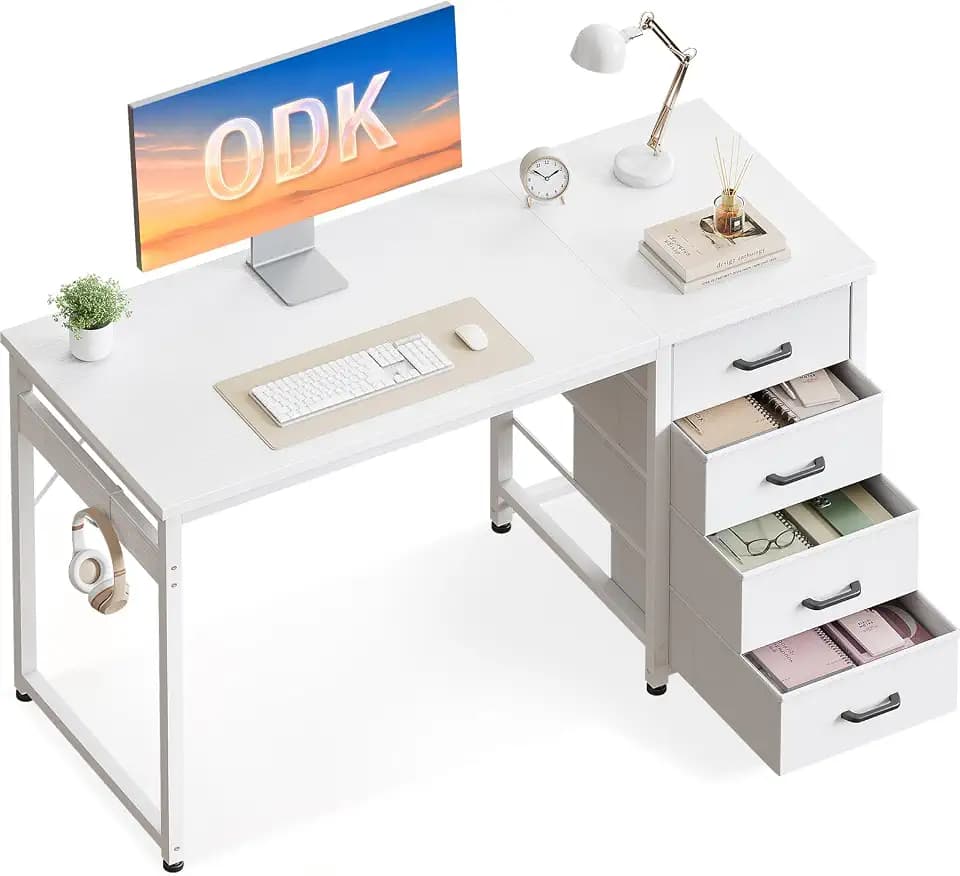 ODK Schreibtisch mit 4 Stoff Schubladen, 100×48 cm, Weiß | Kleiner Tisch mit Kopfhörerhaken, Reversibel, Platzsparend, einfache Montage, für Kleine Räume & Schlafzimmer