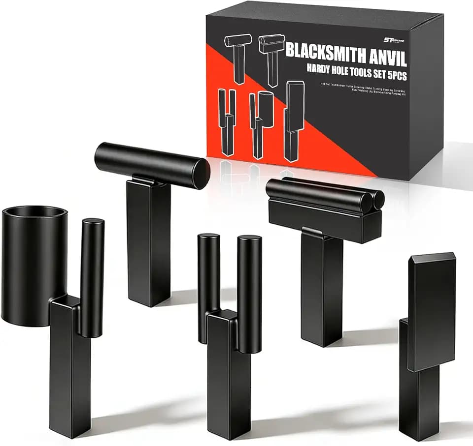 1 Inch Blacksmith Anvil Hardy Hole Tools Set 5PCS Blacksmithing Forging Kit with Hot Cut Tool Bottom Fuller Creasing Stake Bending Scrolling Fork Welding Jig