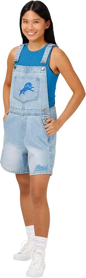 FOCO Womens NFL Big Logo Denim Bib Shortalls Overall Shorts