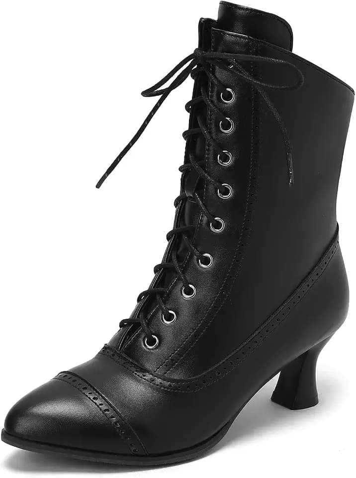ErikenUrben Vintage Viktorianisch Stiefel Damen Schnürsenkel Steampunk Ankle Stiefel PU-Lederstiefel Louis Absatz Stiefel Reißverschluss Black Size 41 Asian