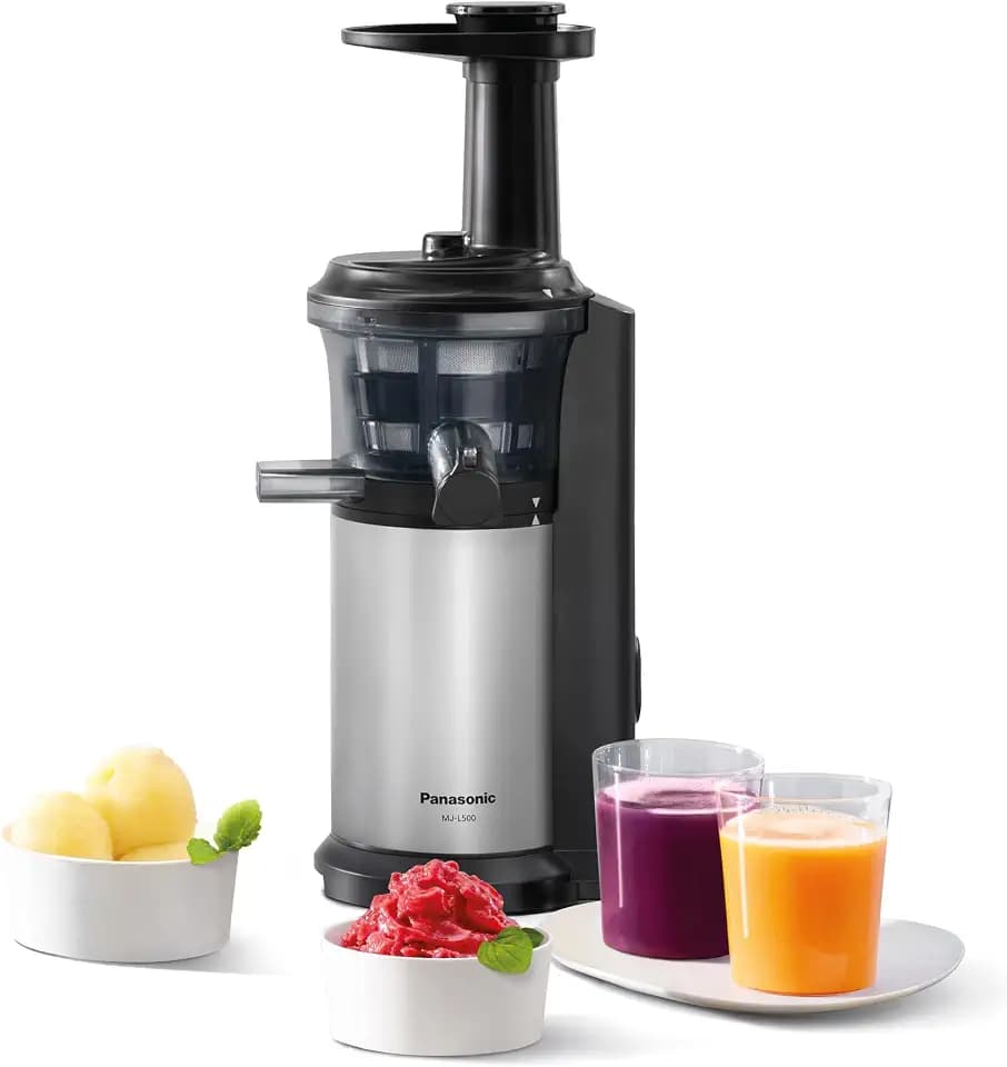 Panasonic MJ-L500S Slow Juicer / Entsafter / 2 Einsätze für Säfte & tiefgefrorene Zutaten / Frozen Joghurt / Silber