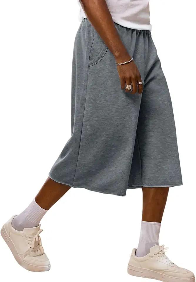 Mens Shorts Cotton Baggy Drawstring Capris Shorts Stretch Hip Hop Streetwear Casual Long Sweat Shorts with Pockets