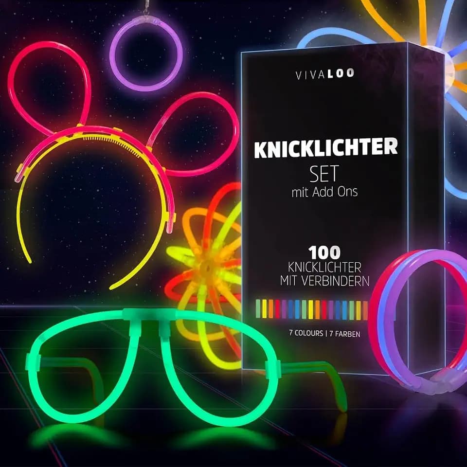 Knicklichter Party Set 100 Stück + Zubehör - Leuchtstäbe mit Verbinder für Leuchtarmbänder, Party Brillen, Bälle usw. - Deko & Festival Zubehör - Lichter Neon
