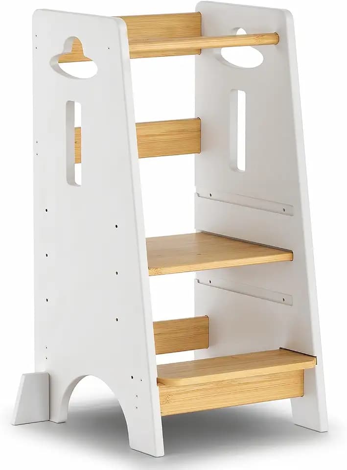 COSYLAND Lernturm ab 1 Jahr - Höhenverstellbarer Learning Tower für Kinder (3-stufig) - Montessori mit Kippschutz & Massivholz (Weiß und Holz)