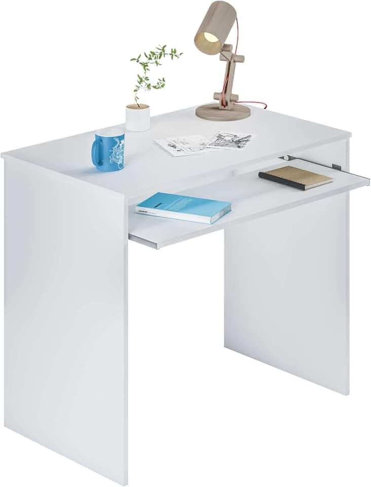 Habitdesign Computertisch mit Auszug I-Joy | Kompakter Jugendschreibtisch Mattweiß mit Tastaturauszug | 90x79x54cm