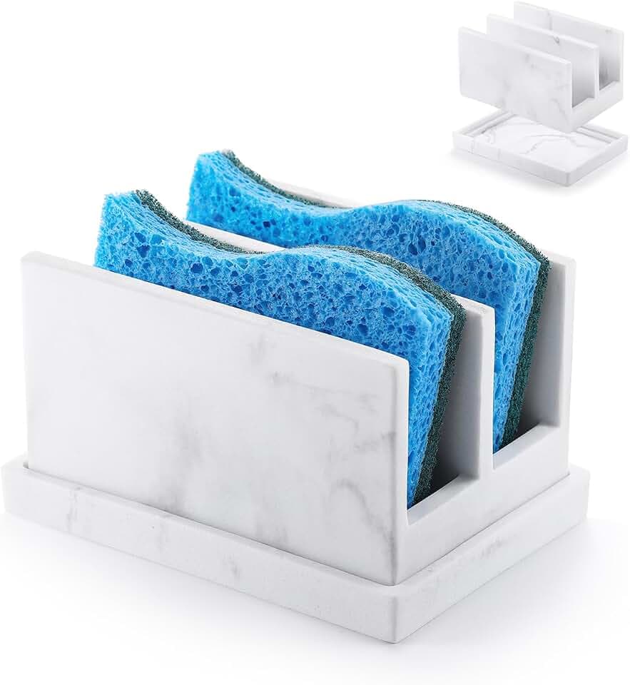Luxspire Küchenschwammhalter für Spüle, Spülbecken Organizer, Harz Spülschwammhalter mit 2 Fächern, Schwammablage für Küchenspüle, Schwammhalter mit Abtropfschale, Spülbecken Caddy, Kies Weiß
