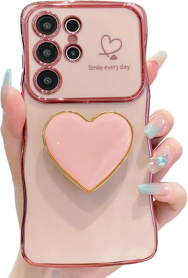 Cute Case for Samsung Galaxy S26 Ultra, Pink Plating Love-Heart Kickstand Phone Case Luxury Wave Frame Curly Shape Raised Camera Shockproof TPU Protective Cover with Holder for Women Girls
