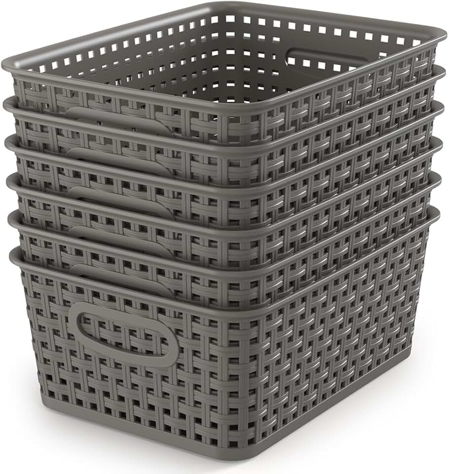 Weave Storage Organizer Baskets, Grey 6er-Pack Plastic Woven Baskets, 25.7 x 19.2 x 10.4 cm