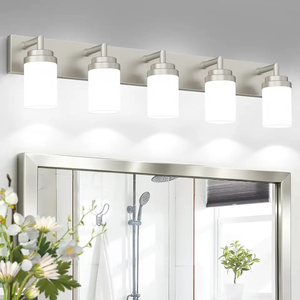 Bathroom Light Fixtures, Brushed Nickel Bathroom Lighting Fixtures Over Mirror, Modern Vanity Light with White Glass Shade, Restroom Lighting Fixtures, 5-Light 36-inch
