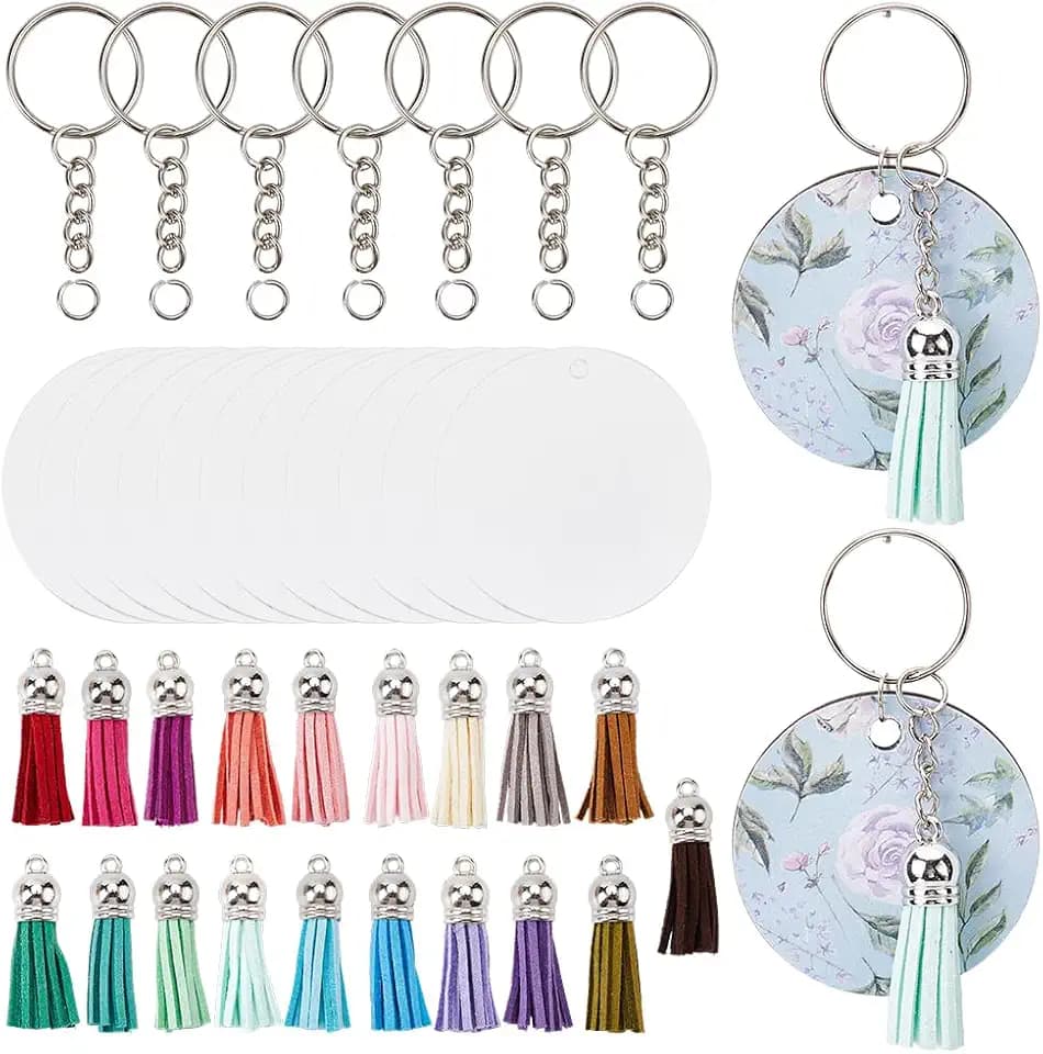120 Stück Sublimations Schlüsselanhänger Rohlinge Aus 2(1) cm Runde Durchsichtige Schlüsselanhänger Mit Quastenanhänger Biegeringe Wärmeübertragungs Schlüsselanhänger Herstellungsset Fü