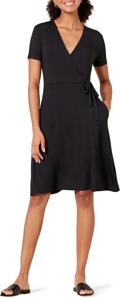 Amazon Essentials Women's Short Sleeve V Neck Faux-Wrap Dress, Fitted