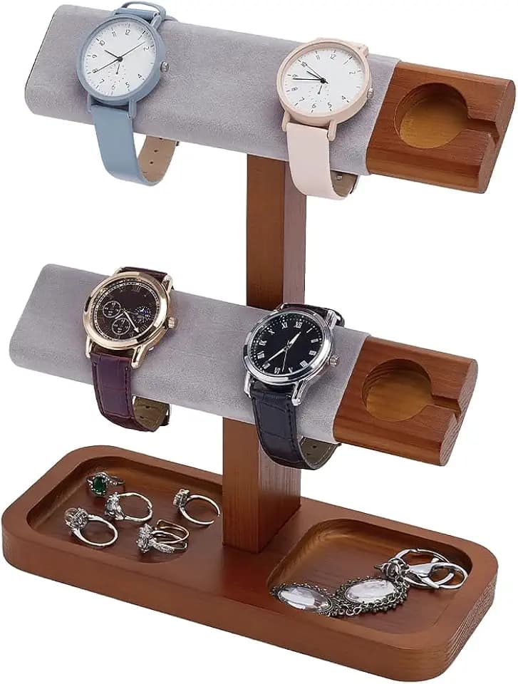 PH PandaHall 2-Tier Wood Watch Display Stand T-Bar Watch Holder Watches Display Racks Bracelets Jewelry Organizer Wristwatch Tower with Charging Station for Men Women Store Showcase Storage Gifts