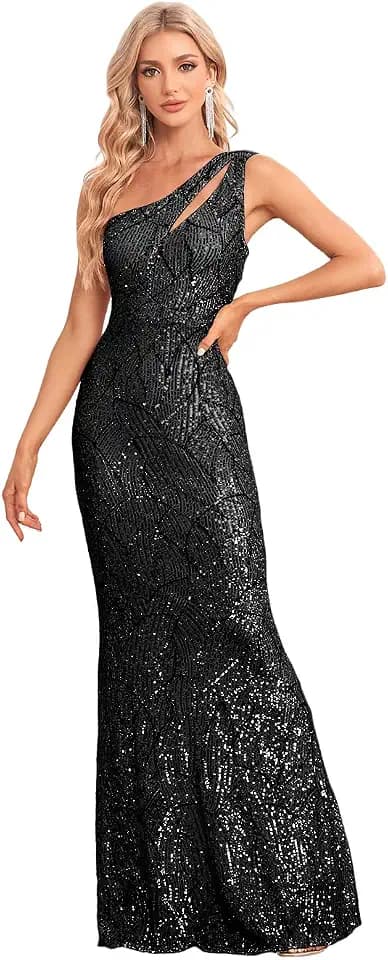 One Shoulder Formal Sequin Dress for Women Sparkly Bodycon Evening Gowns Maxi Mermaid Ball Long Dresses