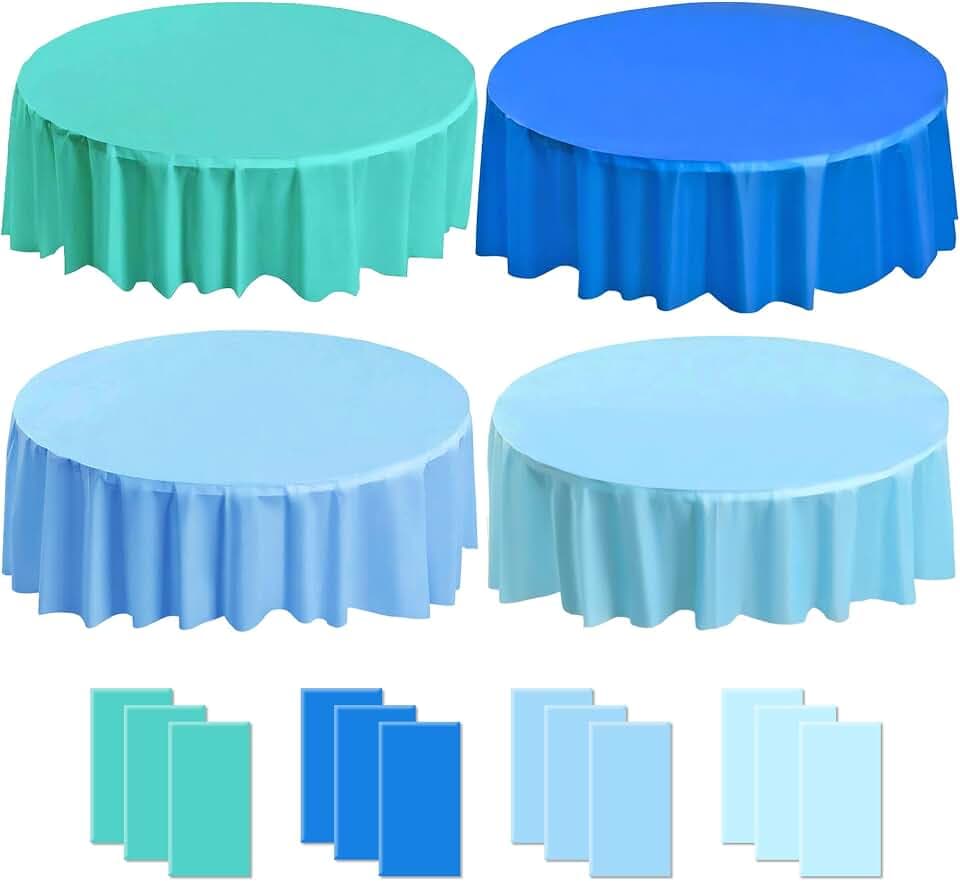 12 Pcs Blue Round Tablecloth,Plastic Table Cloth 84 Inch Disposable Ocean Pool Table Cover for Under The Sea Party,Birthday Party Decoration