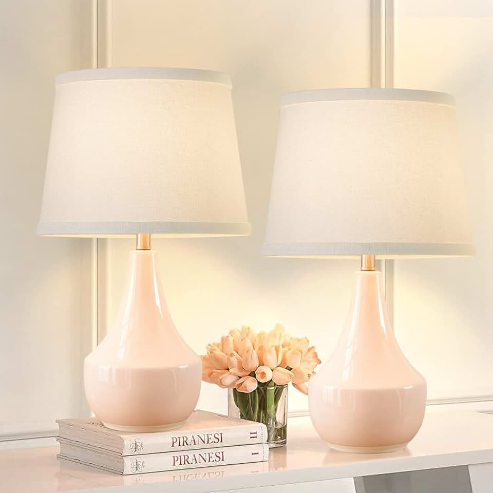 GyroVu 18" Table Lamp Set of 2, Ceramic Lamp Classic Beside Lamps Nightstand Lamp Modern Bedside Lamp for Living Room, Bedroom & Office Rocker Switch Pink-LED Bulbs Included