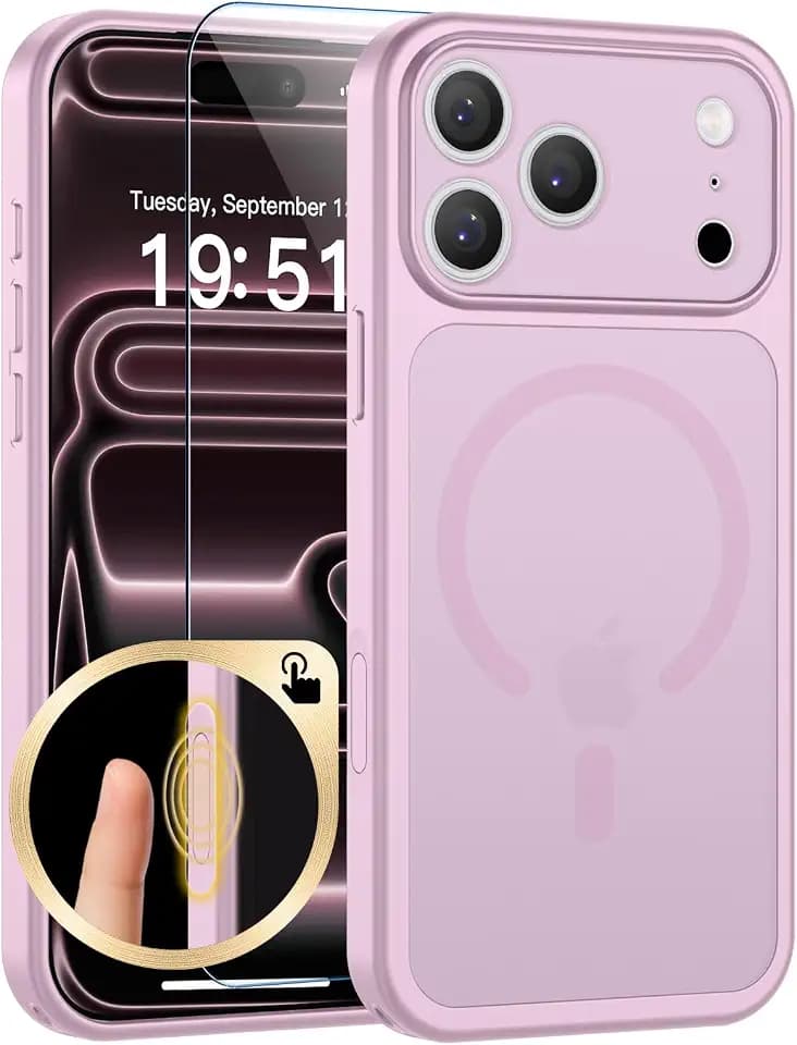 SUPFINE Magnetic for iPhone 17 Pro Case with Camera Control Button,[Full Camera Protection][1+Tempered Glass Screen Protector] Slim Translucent Matte Shockproof Phone Cover,Purple Pink