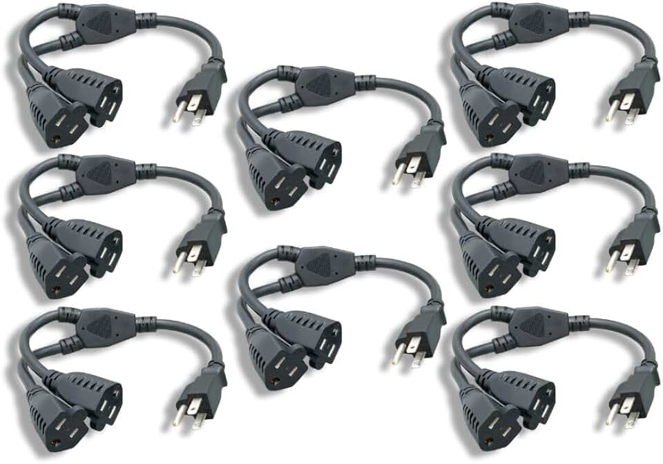 Cablelera Power Cord Extension and Splitter NEMA 5-15P to NEMA 5-15R x 2 16 AWG 13A 125V 14" 8 Pack (ZPK037SI-08) black
