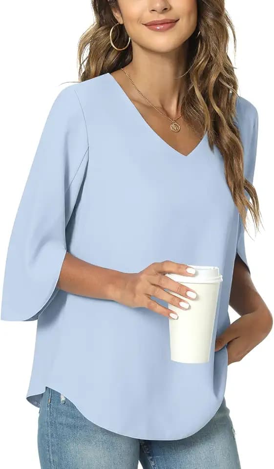 TAOHUADAO Womens 2026 Summer 3/4 Sleeve Tunic Tops Chiffon Work Blouse V-Neck Dressy Casual Shirt