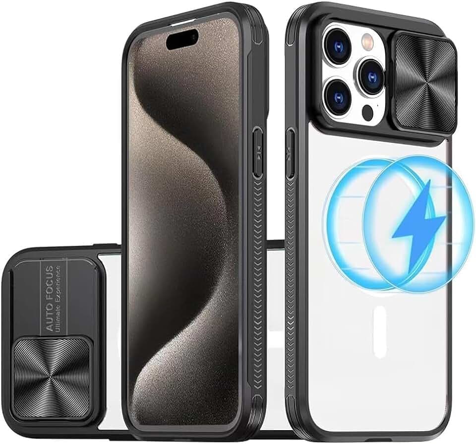 Handyhülle Kompatibel mit iPhone 15 Pro Unterstützt kabelloses Laden Kameraschutz mit Slide Camera bestehend PC-Rückseite und TPU Rahmen,transparent Cover,für iPhone 15 Pro-schwarz
