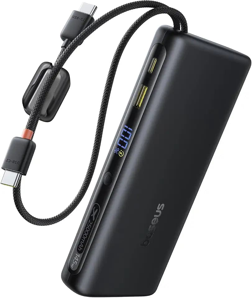 Baseus FC41 145W 25000mAh Powerbank Laptop CCC Zertifizierung, Schnellladen Power Bank mit 2 Integriertem USB-C Kabel, Externe Handyakkus für Macbook Pro, iPhone, Dell, HP, SteamDeck, Samsung, Schwarz