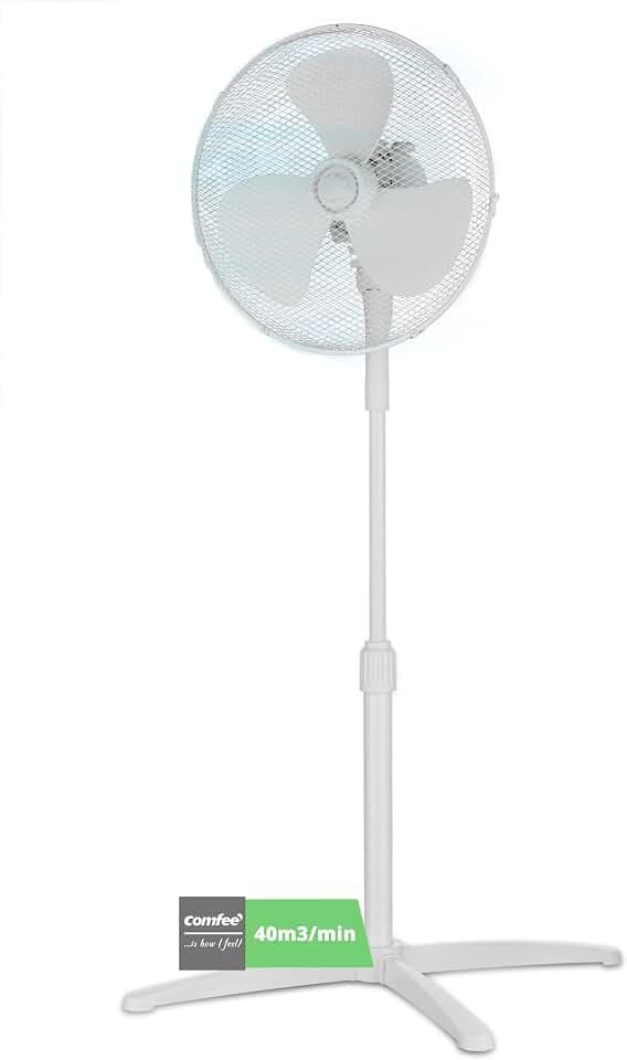 COMFEE' CFS40PW00A2 40 W Standventilator, 3 einstellbare Geschwindigkeiten, Oszillation 90°, Höhe verstellbar, leistungsstarker Luftstrom und leiser Betrieb, ideal für Zuhause und Büro, Weiß