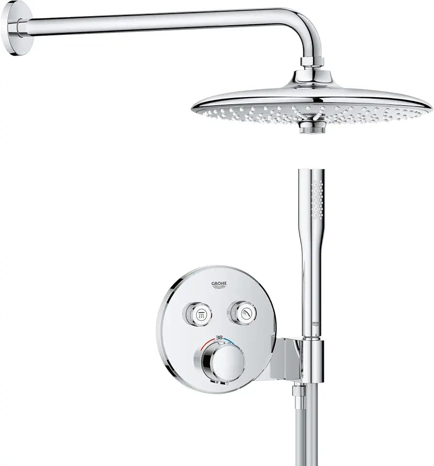 GROHE Precision 260, Unterputz Duschsystem (26cm Regendusche mit Thermostat, Kopfbrause 3 Strahlarten, Duschkopf mit 1 Strahlart, Komplettset, 1,50m Duschschlauch), rund, chom, 34878000