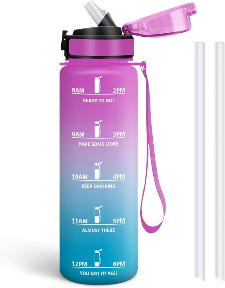 Trinkflasche 1L, mit Strohhalm, Sportflasche, auslaufsicher mit Zeitmarkierung Motivationsskala, Wasserflasche, für Kohlensäure geeignet, Schule, Büro， Wiederverwendbare Trinkflasche Sport