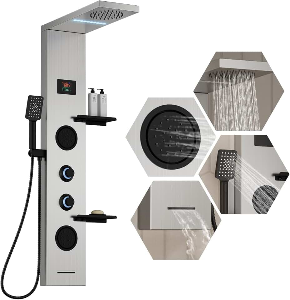 Homevacious 4 In 1 Shower Panel System with Shelf Brushed Nickel
